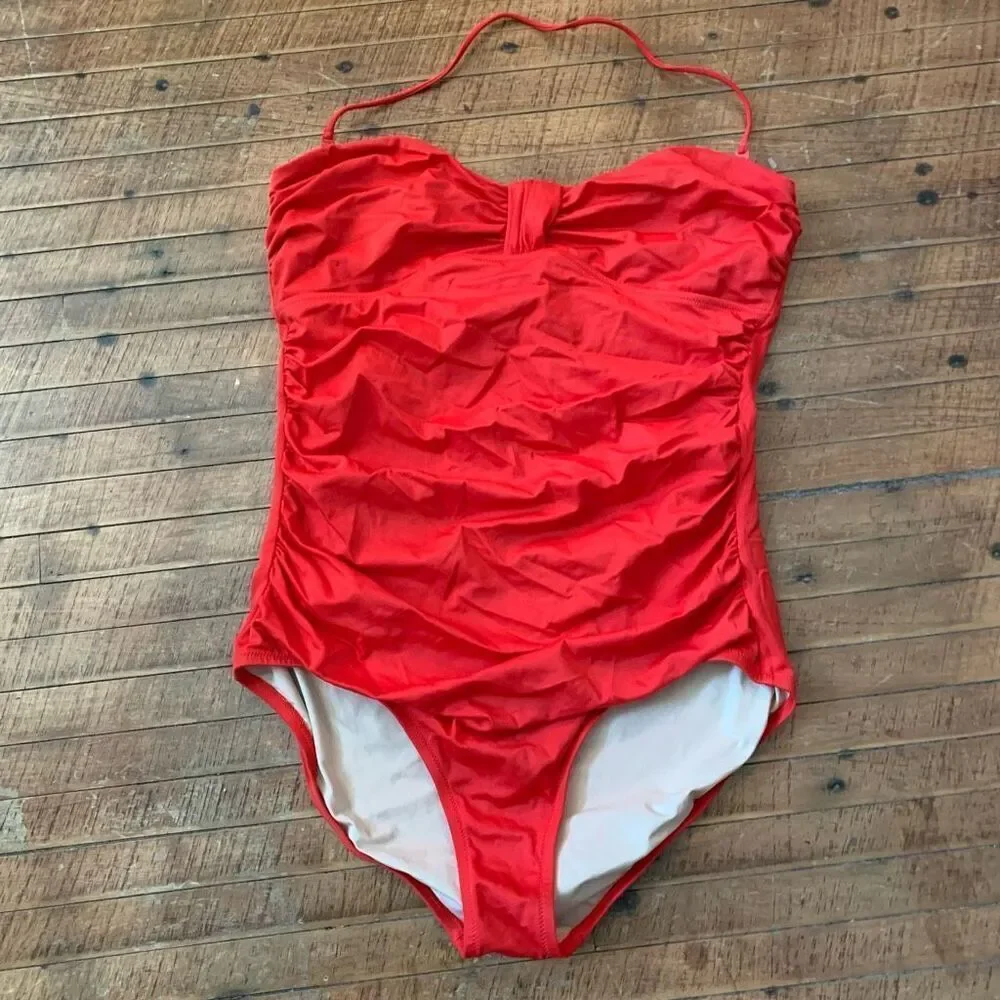 J Crew cherry red ruched halter 14 one piece swimsuit